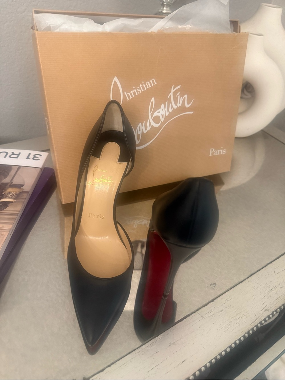 Christian Louboutin Black Leather D'Orsay Pointed-Toe Pumps with Red Sole